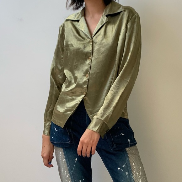 Shiny Green Button-Up with Shoulder Pads - Picture 1 of 5